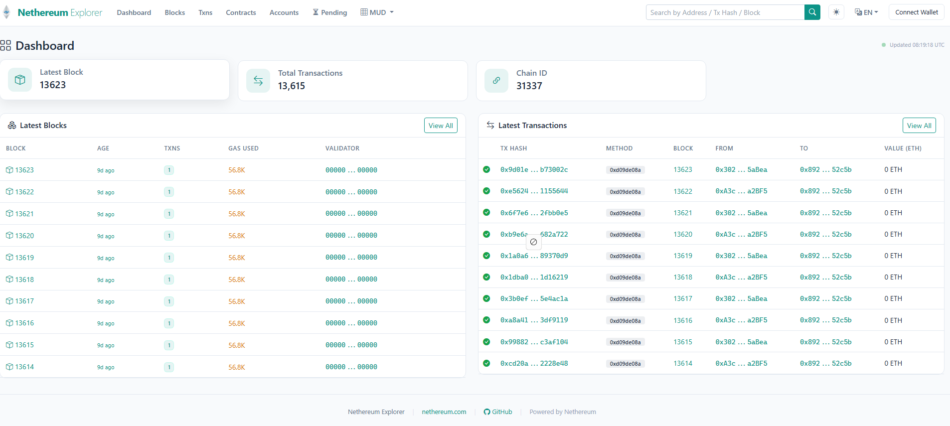 Explorer dashboard showing latest blocks and transactions