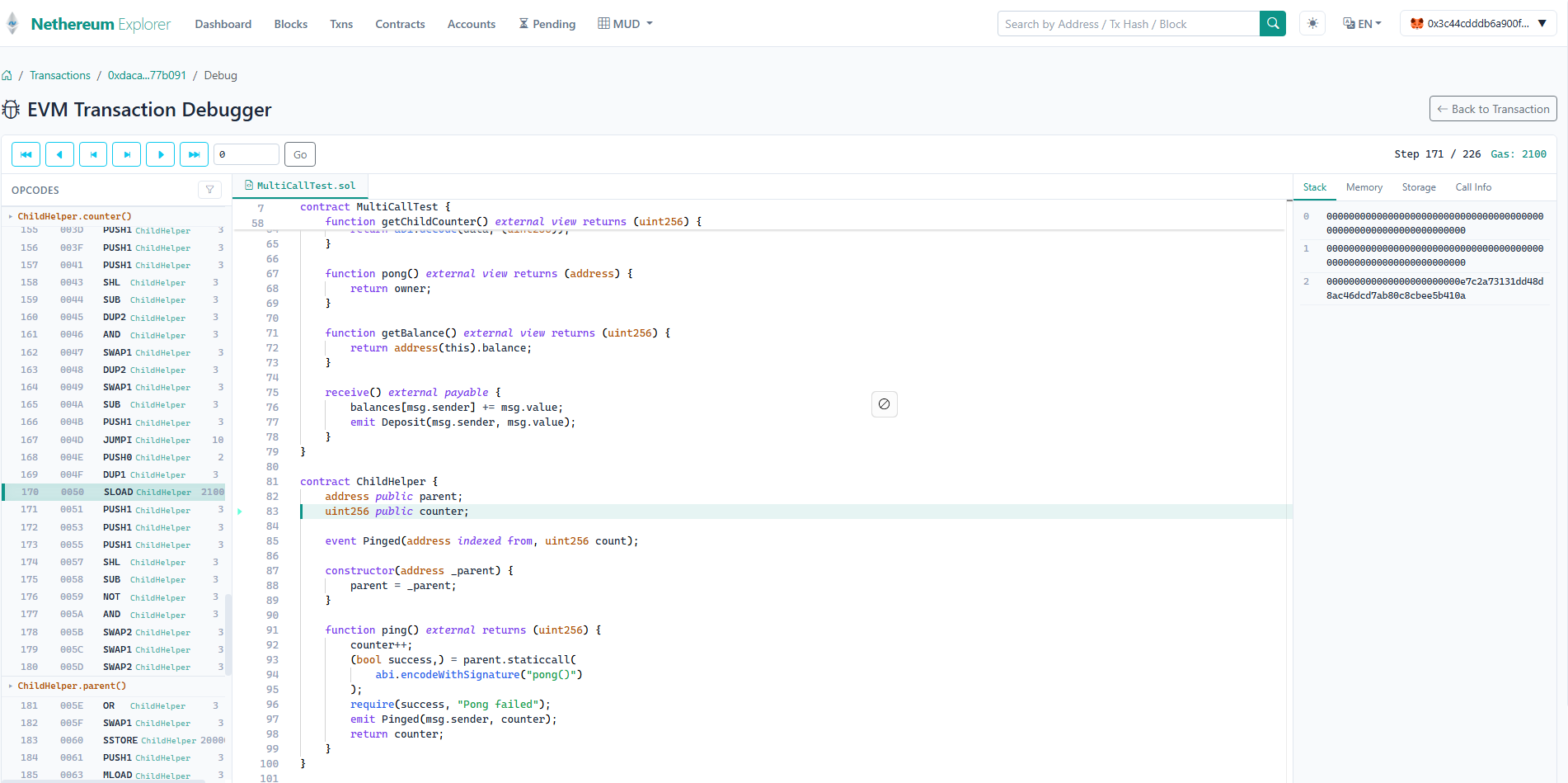 EVM debugger replaying transaction with opcode step-through and source mapping