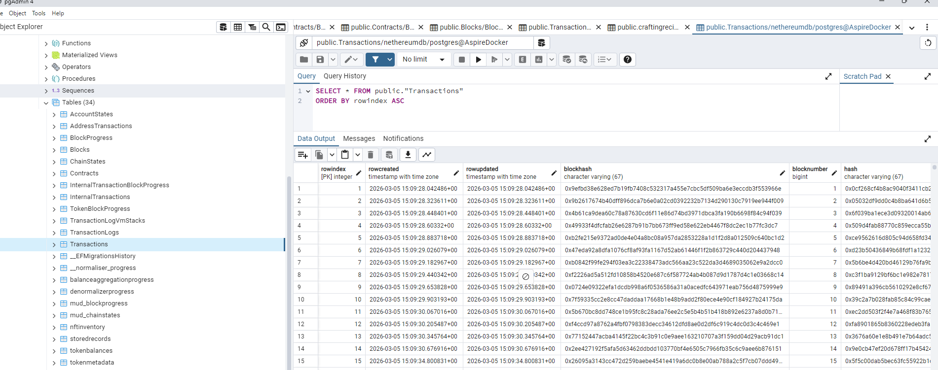 PostgreSQL database with tables for blocks, transactions, tokens, and MUD records