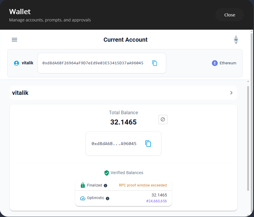 Mainnet balances verified using storage proofs and light client