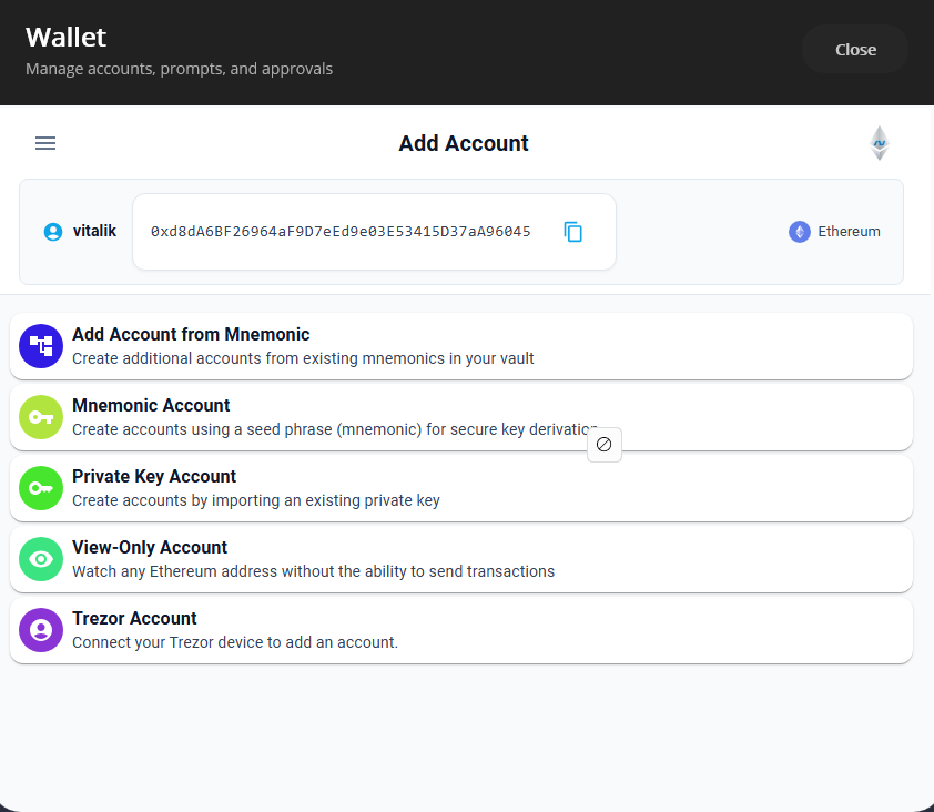 Add account dialog — Mnemonic, Private Key, View-Only, and Trezor hardware wallet