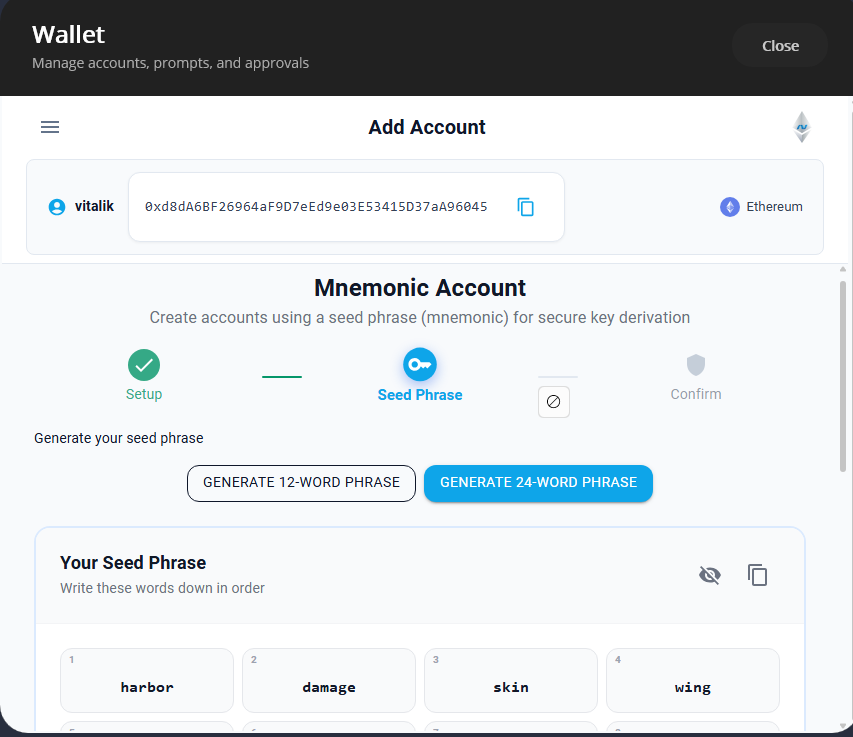 Mnemonic account creation with 12/24-word support and optional passphrase